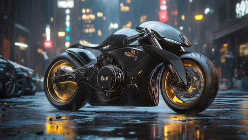 Futuristic black motorcycle on wet neon city street at night.