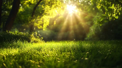 Sunlit Forest Glade with Lush Green Grass in Soft Focus Style.
