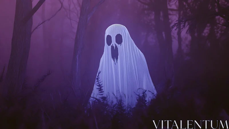 Moonlit ghost drifts through violet mist in haunted forest.