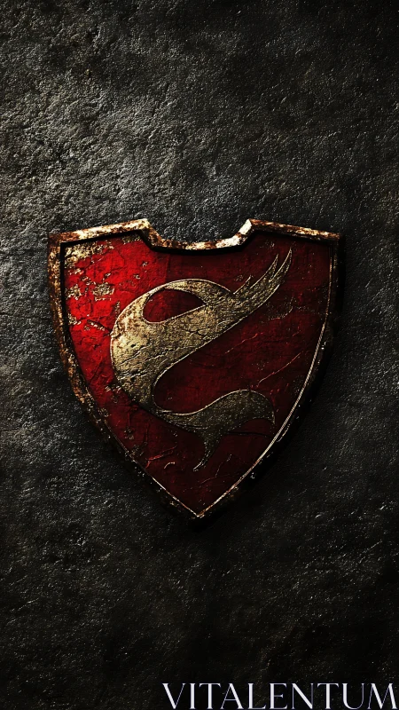 Weathered red shield with gold emblem on dark stone wall.