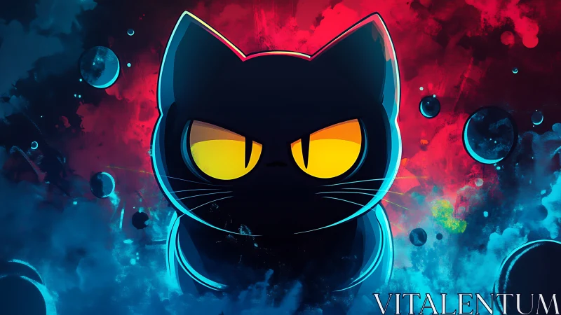 Neon Cat with Glowing Eyes Against Cosmic Atmosphere