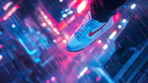 White sneaker hovers over neon city street in heavy rain