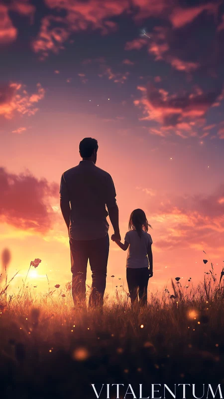 Father and Child Silhouettes Against Blazing Sunset.