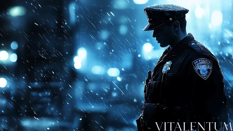 Police officer stands in heavy rain on a city street.