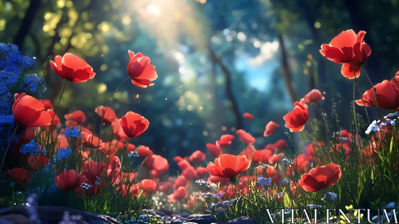 Red Poppies Bloom in Enchanted Forest Light.