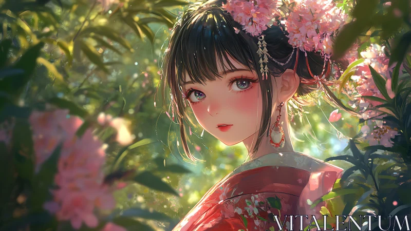 Anime girl in floral kimono surrounded by spring blossoms.