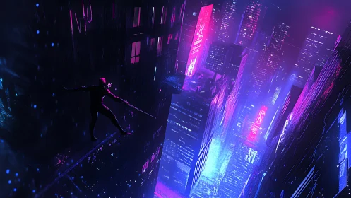 Cybernetic vigilante traverses neon-drenched megacity canyon