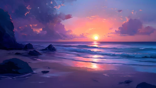 Sunset illuminates a rocky shoreline with reflected wave bands