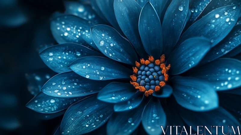 Deep blue daisy with orange center petals displaying water droplets in macro