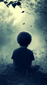 Child sits in misty field watching butterflies above
