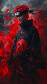 Digital painting of red-cloaked shinobi in turbulent aura field.
