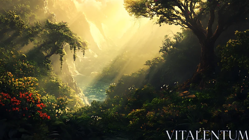Golden Hour Canyon Valley with Volumetric Light Rays and Verdant Flora