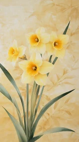 Soft yellow daffodils unfold against warm watercolor gold.