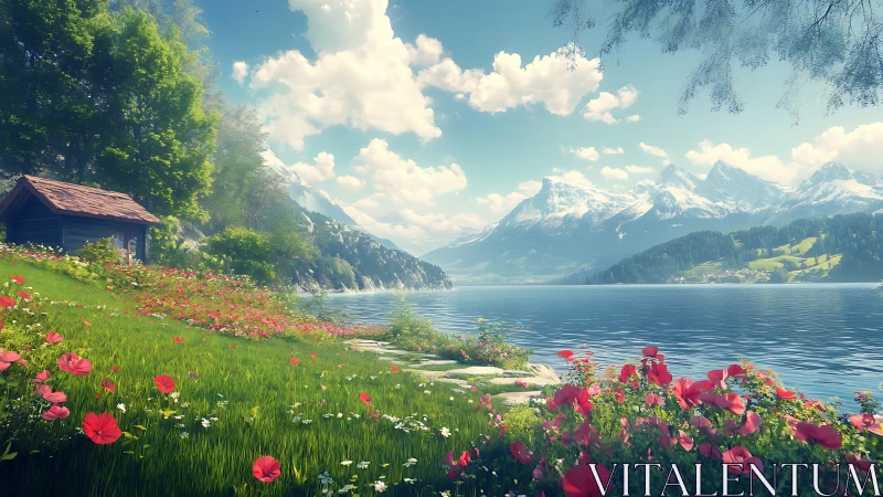 Alpine lakeside meadow with red wildflowers in spring light.