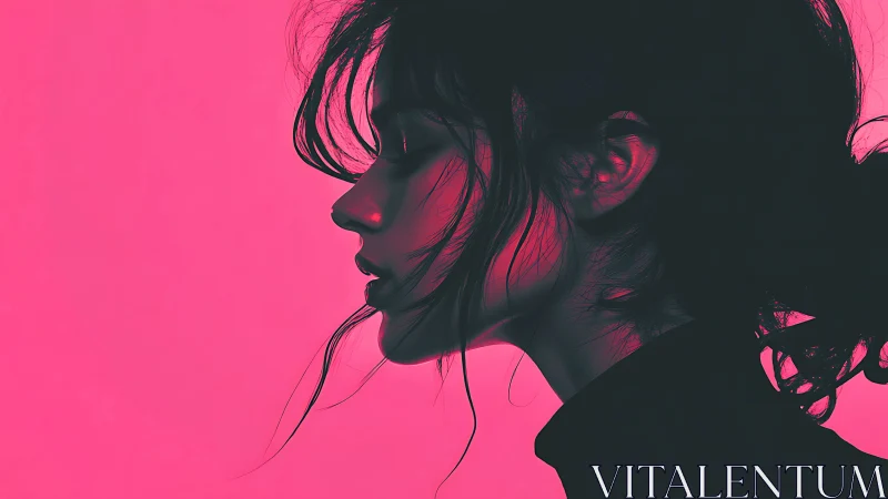 Side profile portrait in neon magenta duotone lighting.