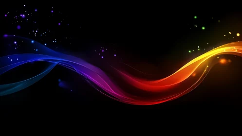 Curved multicolor light bands traverse a black digital field