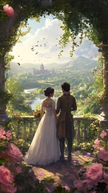 Romantic couple gaze over sunlit fantasy kingdom garden.
