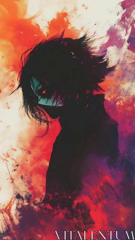 Masked silhouette in high-contrast, abstract chromatic turbulence