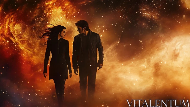 Cosmic couple walking through glowing orange nebula field.