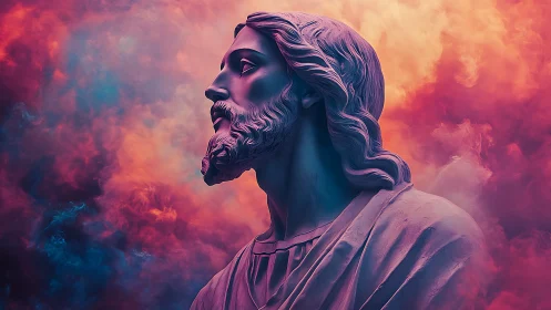 Digital statue profile of robed man framed by vivid clouds