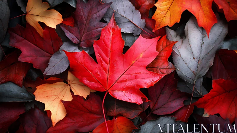 Red maple leaf among multicolored autumn foliage on ground.