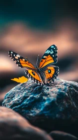 Orange butterfly rests on cool-toned rock in soft bokeh light