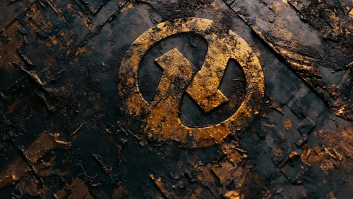 Gold circular symbol embossed on dark textured metal surface