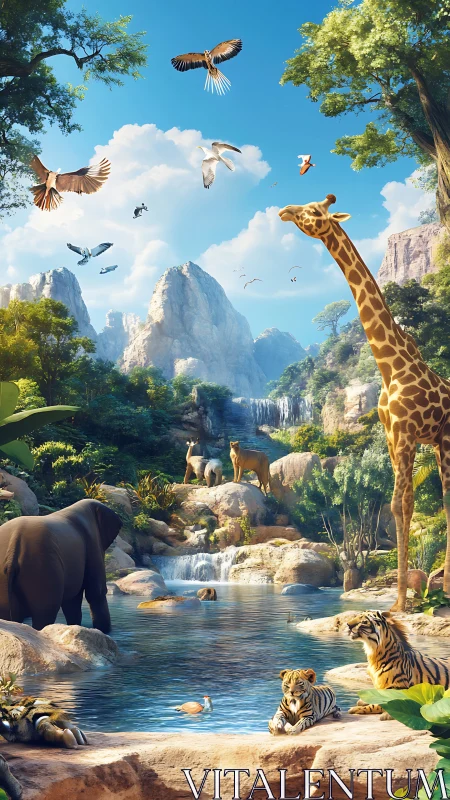 Wildlife chorus at the crystalline jungle watering hole.