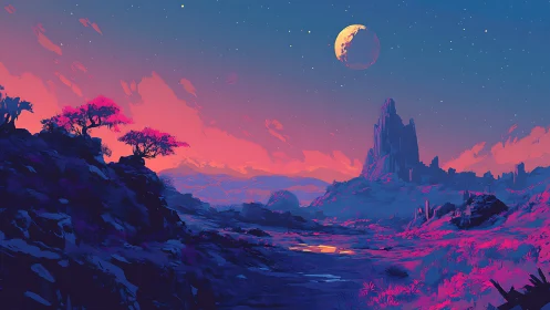 Alien valley landscape under crescent planet at dusk.