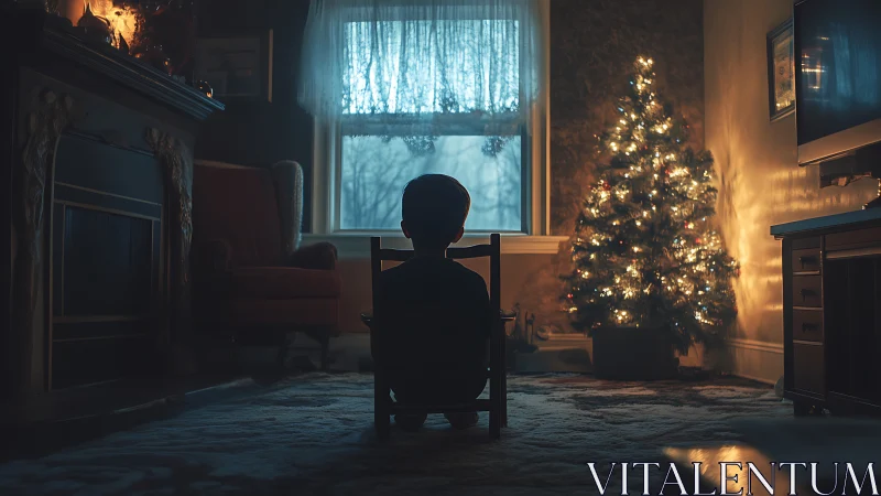Child viewing illuminated Christmas tree in dim living room.