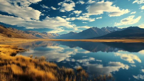 Golden mountain lake reflects dramatic clouds at sunset
