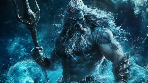Storm-forged sea god rises in swirling, sapphire waves