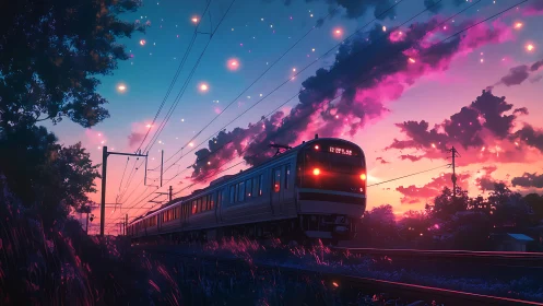 Twilight commuter train glides through luminous summer countryside