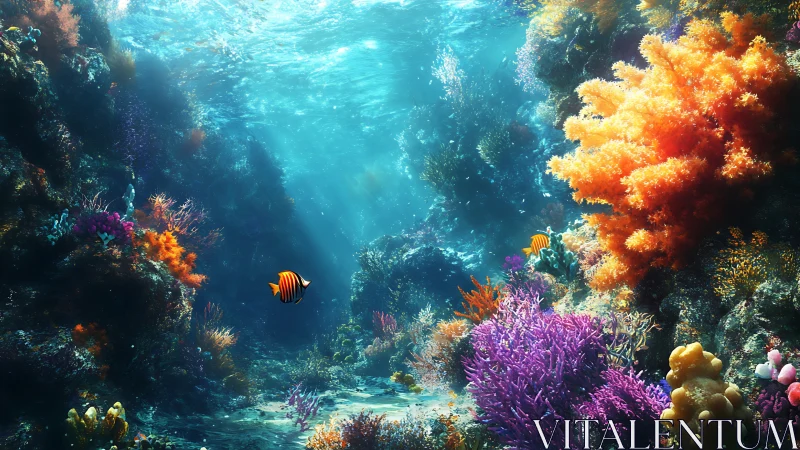 Sunlit coral canyon where playful reef fish wander slowly.