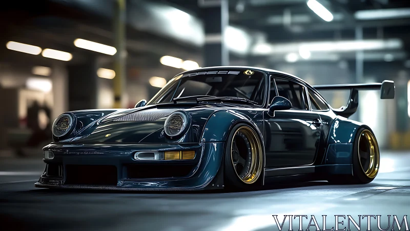 Widebody Porsche-style track car with aero kit in moody garage