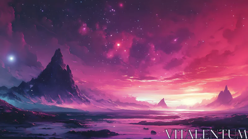 Cosmic sunrise over crystalline alien coastline, digital painting.