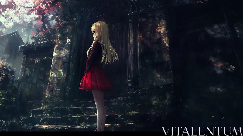 Solitary girl before ruinous doorway in dusky garden.