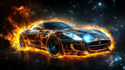 Flaming sports car races through cosmic night highway