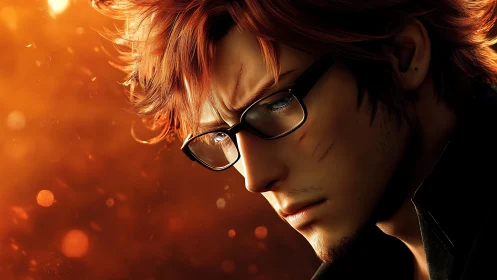 Cinematic close-up of reflective red-haired male character in profile