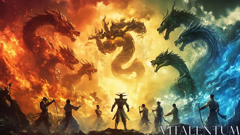 Elemental dragon standoff frames warriors in symmetrical combat