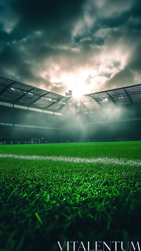 Storm-lit pitch where green thunder waits for kickoff.