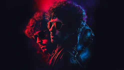 Neon selves orbit through smoke, splitting one cool silhouette