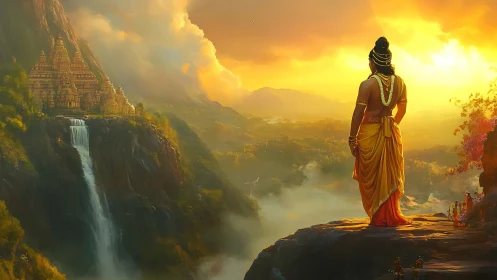 Mythic sunrise survey over terraced temples and cataract gorge.