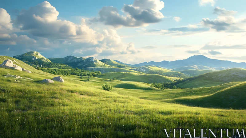 Sunlit stratified grasslands under cumulus-rich skyfield.
