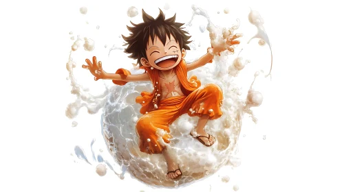 Youthful anime boy in orange clothing amid liquid splash.