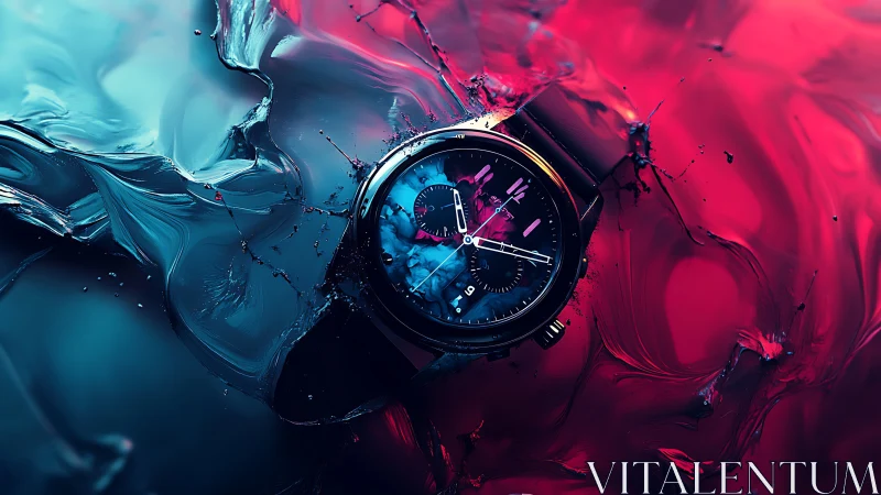 Chronograph wristwatch isolated in viscous neon fluid gradients
