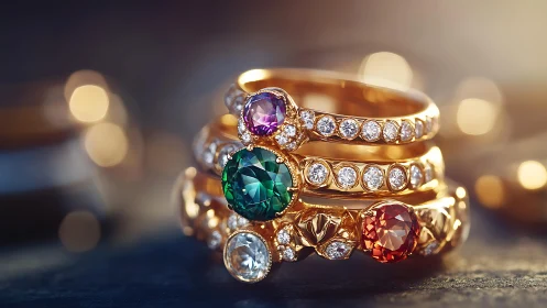Gemstone halos whisper in stacked gold rings at dusk light