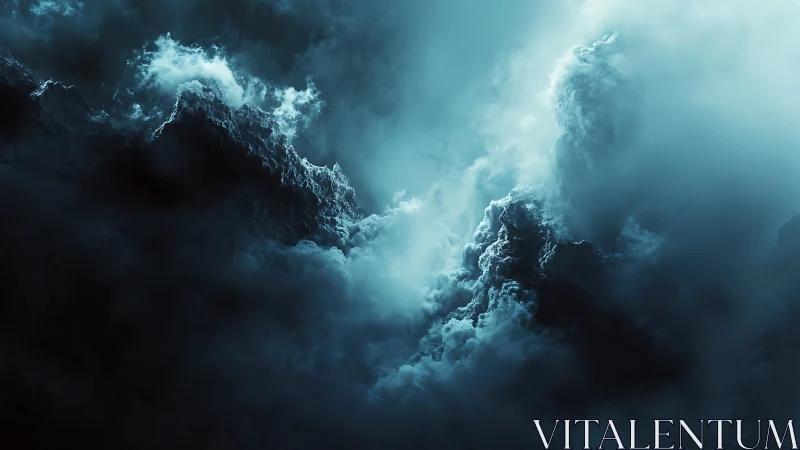 Stormlit cloud mountains rise in eerie cyan twilight hush.