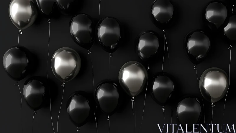 Elegant Black and Silver Balloons Floating Against Dark Space