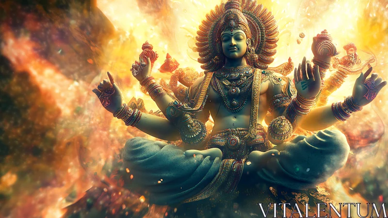 Multilimed deity radiates cosmic fire and jeweled serenity.